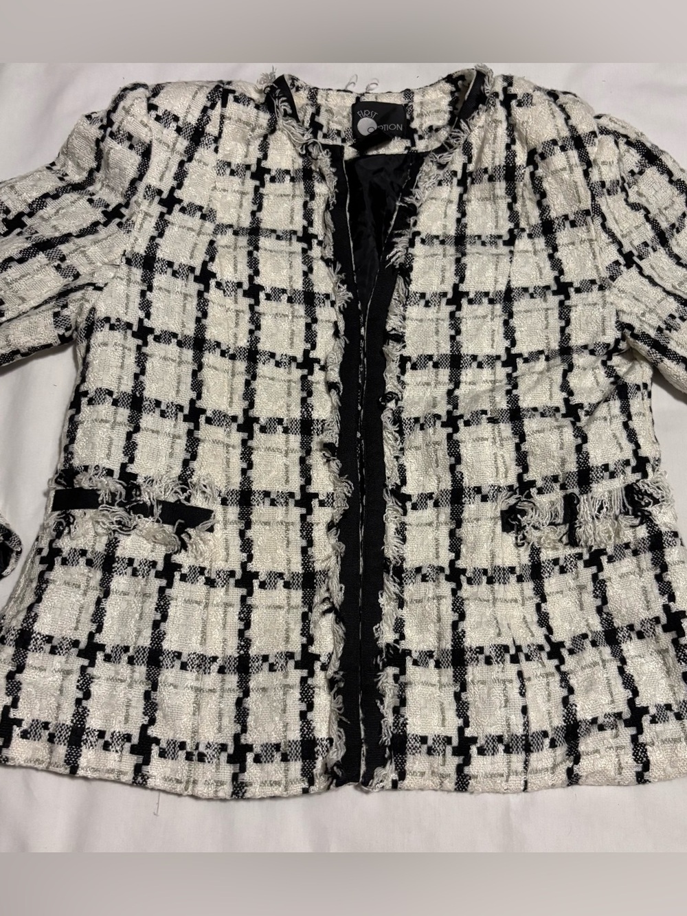 Vintage First Option Tweed Blazer Women’s Size 4 Black/White Houndstooth Fringe